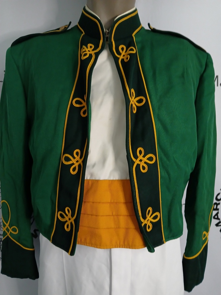 This is a great set of 98 Green with gold piping marching band uniforms with attached dick
