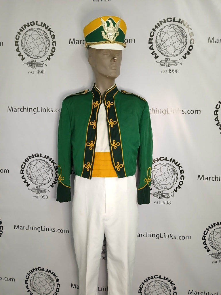 This is a great set of 98 Green with gold piping marching band uniforms with attached dick