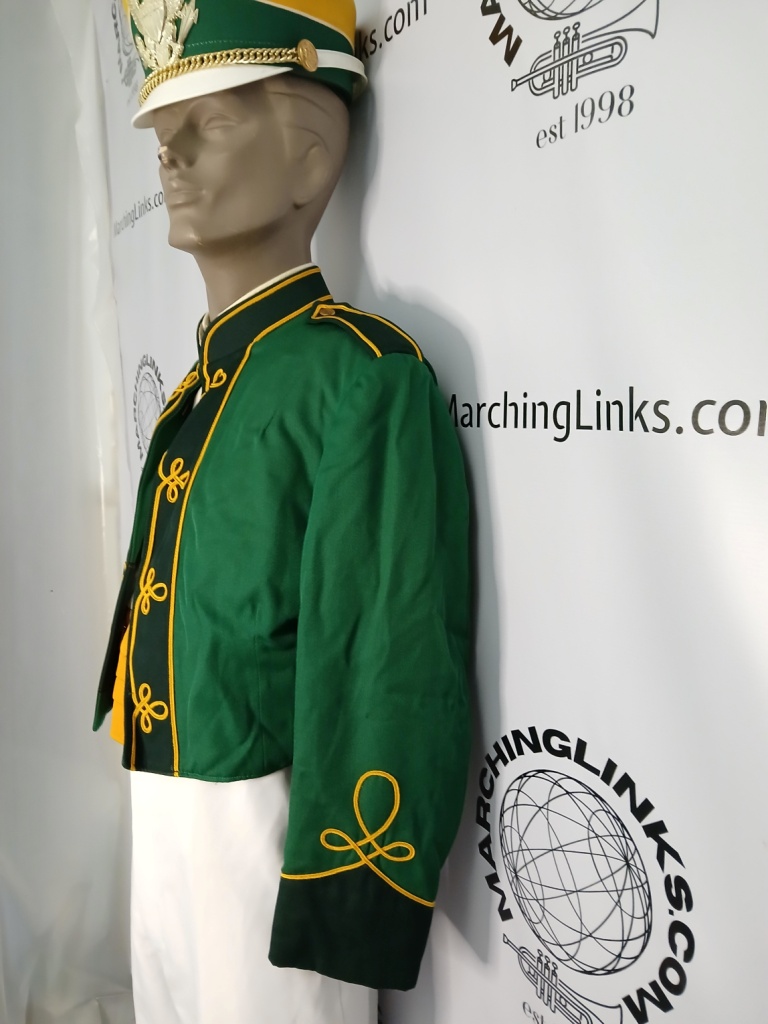 This is a great set of 98 Green with gold piping marching band uniforms with attached dick