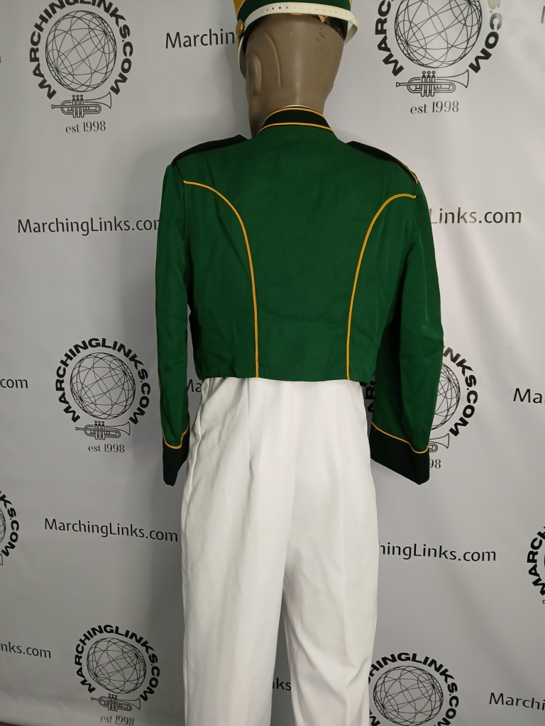This is a great set of 98 Green with gold piping marching band uniforms with attached dick