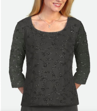 128 Formal Fashions brand, black chiffon concert blouse with sheer, bracelet-length sleeves. Item de