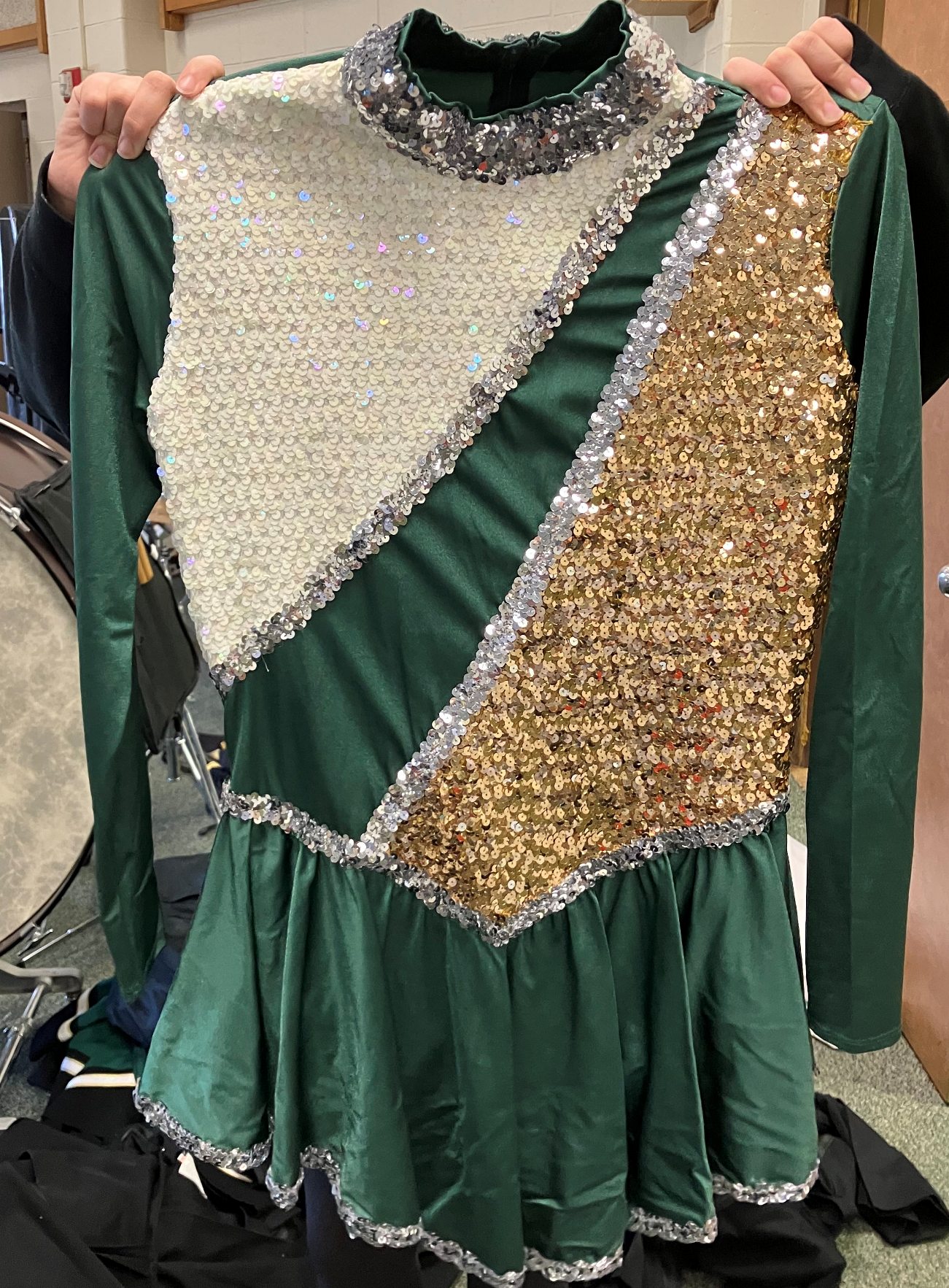 Lot of 25 Green, White, Gold & Silver Sequined Band Front Uniforms