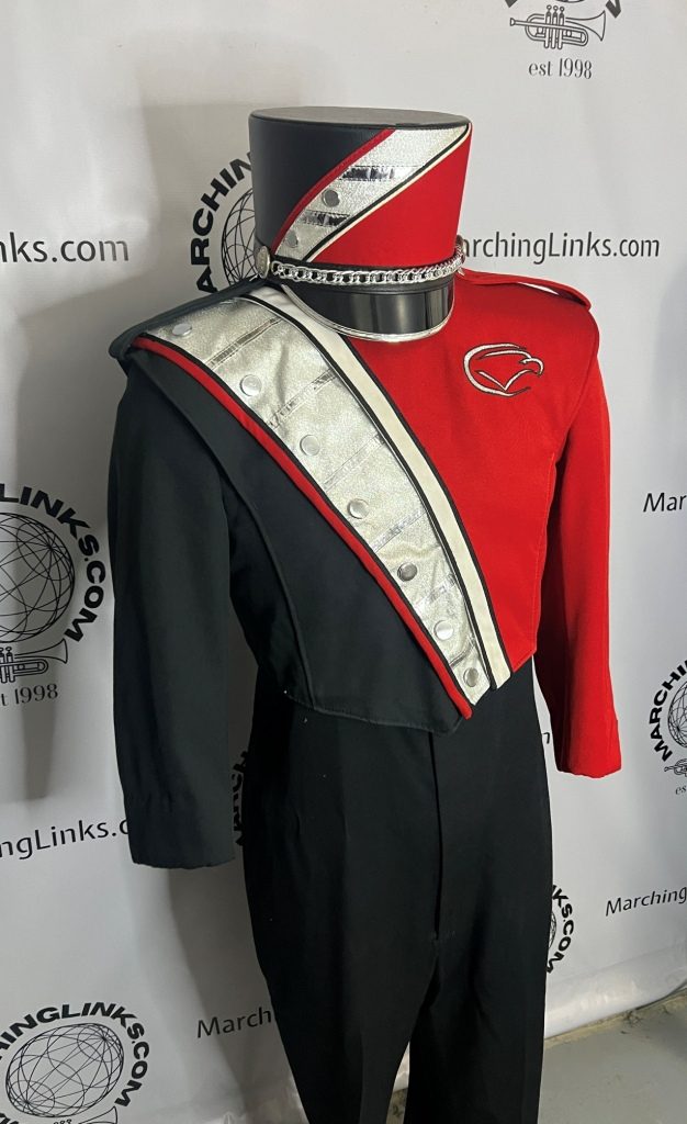 Lot of 125+/- Red, Black and Silver Marching Band Uniforms. Also available as a half lot.