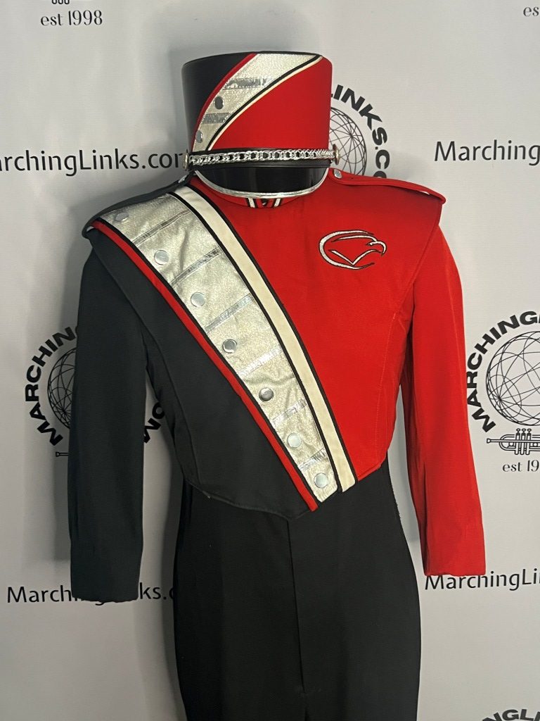 Lot of 125+/- Red, Black and Silver Marching Band Uniforms. Also available as a half lot.