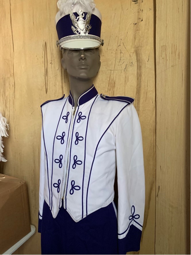 Purple and White Used Marching Uniforms with Helmets and Plumes. Item description: Set of 100 Purple
