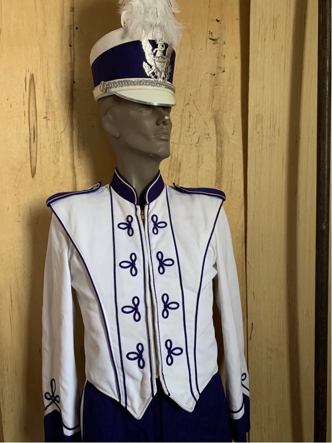 Purple and White Used Marching Uniforms with Helmets and Plumes. Item description: Set of 100 Purple
