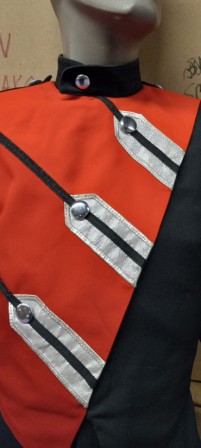 This is a set of 21 red, silver and black used Cesario marching band uniforms. The uniform consists 