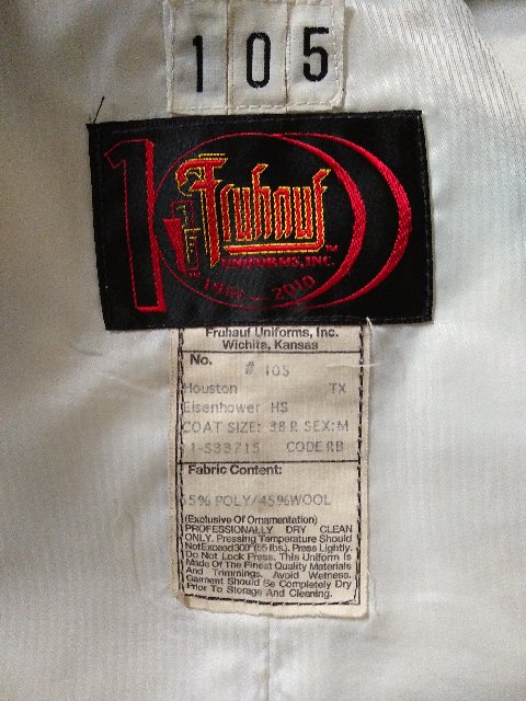 85 +/- Black, White and Yellow/Gold Fruhauf Marching Band Uniforms