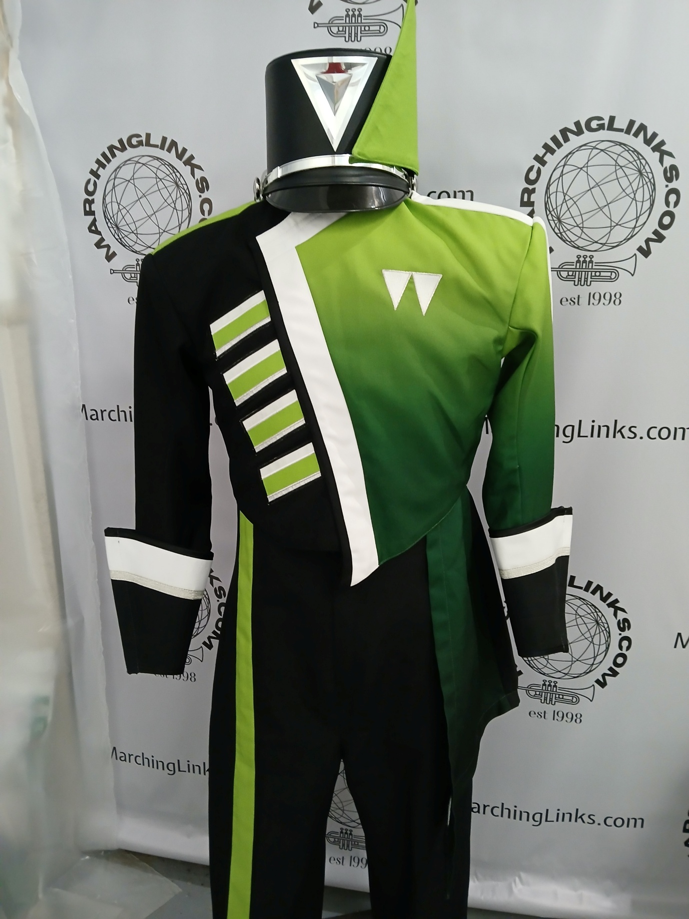 148 Green, Black and White Marching Band Uniforms Including 8 Drum Major Versions