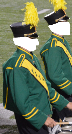 Set of 200 Kelly Green Marching Jackets with yellow trim and Black Bib Pants (36 boxes)