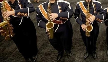Lot of 108 Navy Blue and Orange Marching Band Uniforms with lots of extras
