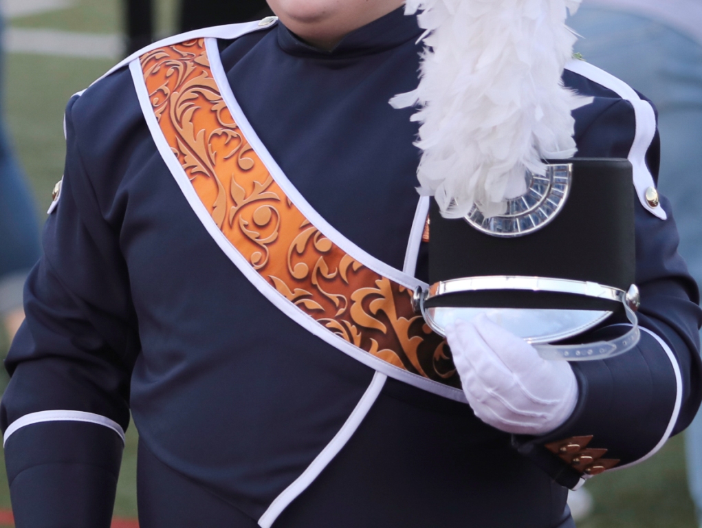 Lot of 108 Navy Blue and Orange Marching Band Uniforms with lots of extras