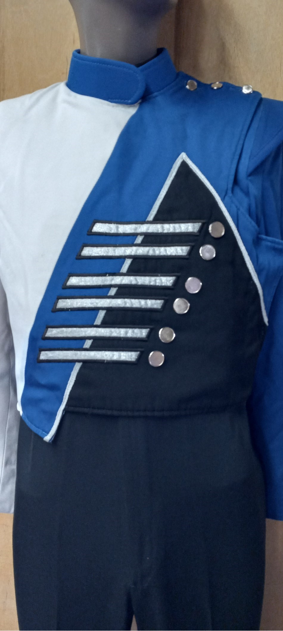 Set of 48 Blue, Black, White Used Fruhauf Marching Band Uniforms (lot can be split to smaller) Item 
