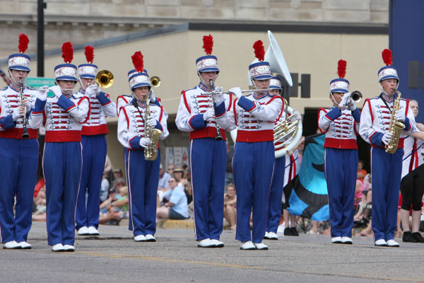 Set of 86 +/- Blue and White w/ Red Trim DeMoulin Marching Band Uniforms