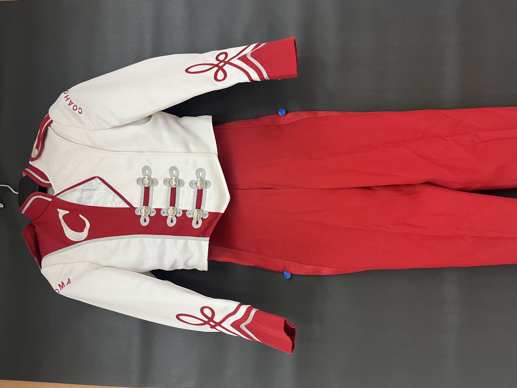 Lot of 92 Red & White Used Marching Band Uniforms Including Hats & Plumes
