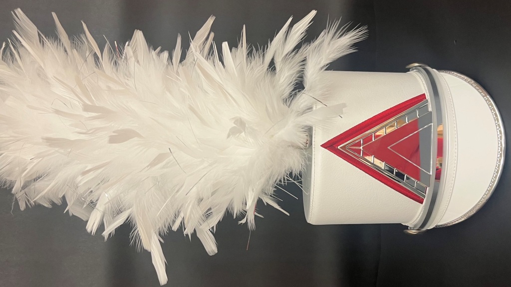 Lot of 98 Red & White Used Marching Band Uniforms Including Hats, Plumes & Gauntlets
