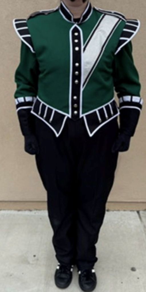 Set of Sharp 150 Used Green, Black and White Marching Band Uniforms