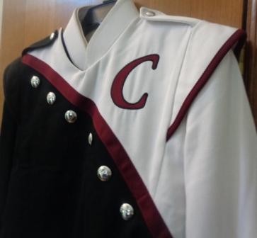 Set of 150 Maroon, Black and White Trim DeMoulin Marching Band Uniforms. Item description: Lot of 15