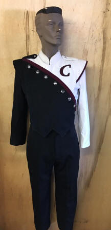 Set of 150 Maroon, Black and White Trim DeMoulin Marching Band Uniforms. Item description: Lot of 15