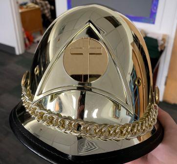 Set of 68 Green, Gold, and White Marching Band Uniforms and 43 Gold Helmets