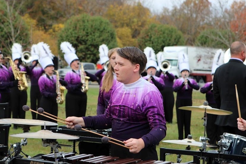 Set of 56 Purple tops with star like pattern, white collar marching band uniform, 1 Drum major costu