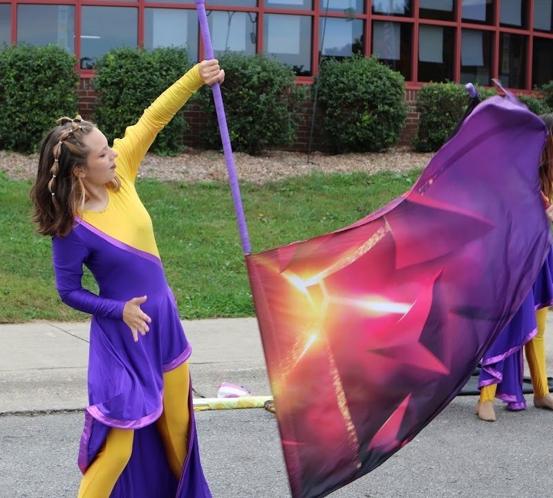 Set of 56 Purple tops with star like pattern, white collar marching band uniform, 1 Drum major costu