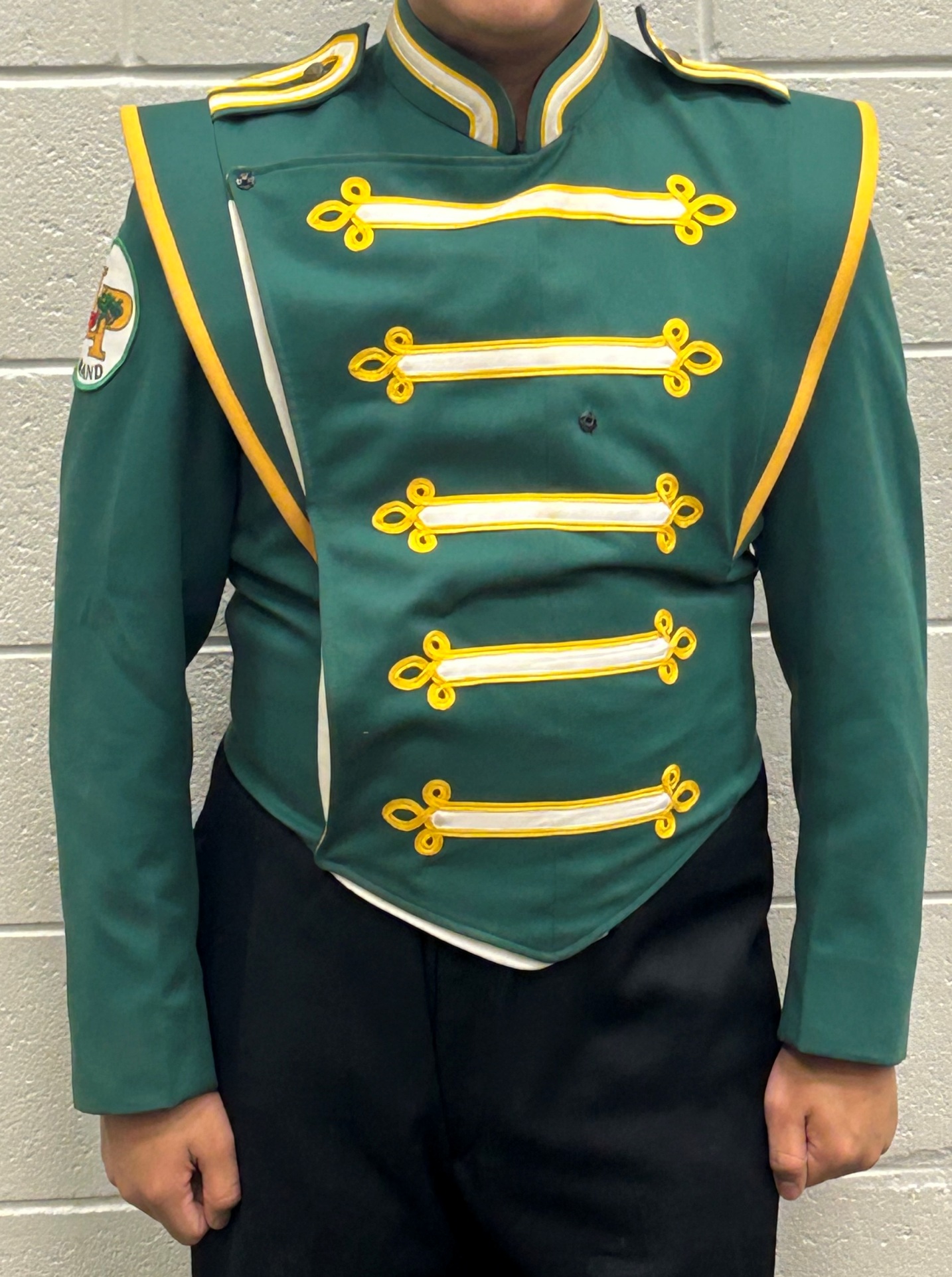 Set of 65 Green, White and Gold Marching Band Jackets - Bibbers, Hats and Plumes are also available
