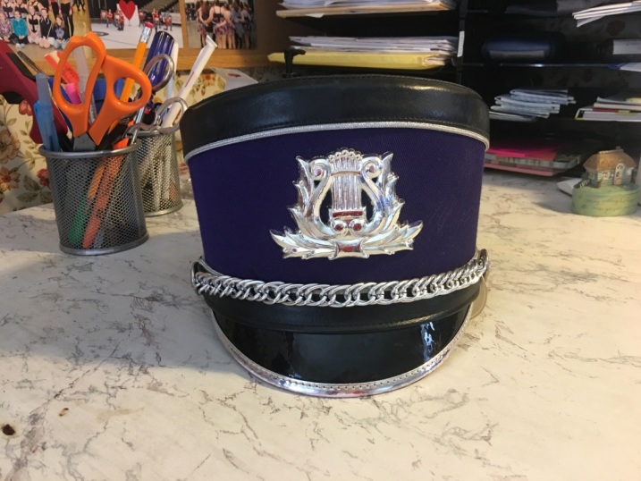 Item#0110FWISshakos030 Item Description: This is a lot of 30 black shakos with purple fabric band, s
