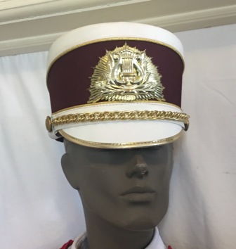 This is a set of 160+/- gently used burgundy and white Fruhauf shakos with gold hardware a